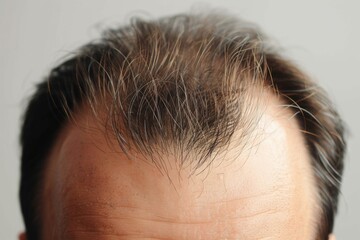 Fototapeta premium Top view of a man's head showing signs of advanced hair thinning. Hair loss management and solutions concept. Design for medical clinics, trichology articles, and hair treatment campaigns