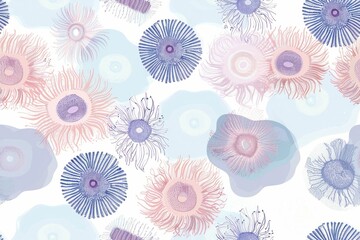 Seamless underwater pattern with blue and pink sea anemones on white background for fabric, wallpaper, wrapping paper