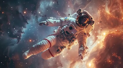 Astronaut floats in space against a backdrop of beautiful galaxy cosmic dust AI generated image