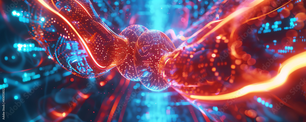 Poster capture a panoramic view of futuristic technologies seamlessly merging with graceful dance forms sho