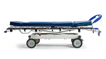 A hospital transport stretcher isolated on a white background.