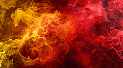 A vibrant, fiery vortex of red and yellow smoke, swirling together to create a dynamic and intense abstract representation of fire.