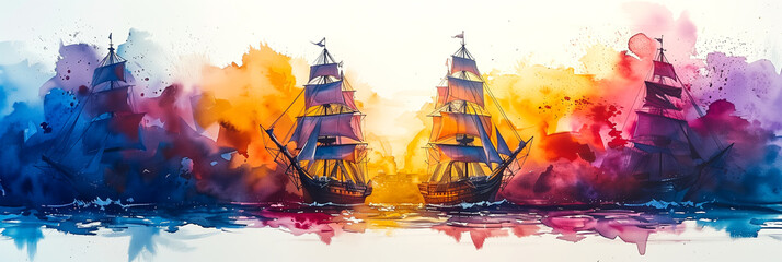 Artistic watercolor painting of three sailboats floating on the ocean