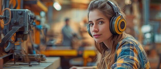 noise-canceling headphones on a woman in a workshop