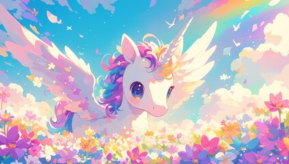 An adorable unicorn background with pastel colors, rainbow and flowers