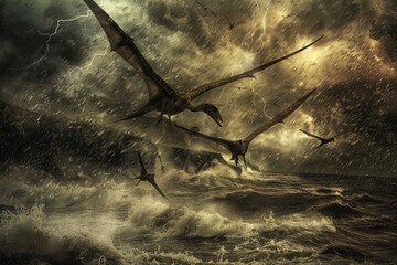 A dramatic scene of a group of Pterosaurs caught in a sudden storm, flying against strong winds and heavy rain