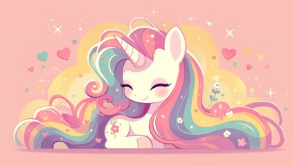 An adorable unicorn with a rainbow mane on a pastel pink background with flowers and hearts