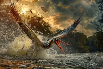 A dramatic scene of a Pteranodon hunting, diving towards a prehistoric lake to catch fish
