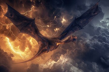 A dramatic scene of a Pterosaur soaring through a stormy sky, lightning illuminating its wingspan