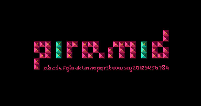 3D square font, geometric alphabet, trendy letters and numbers made in a cut pyramid style, vector illustration 10eps