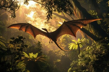 A majestic Pterosaur soaring high above a dense prehistoric jungle, its vast wingspan casting shadows below