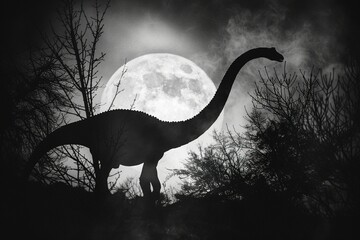 A monochrome photograph of a Brachiosaurus silhouette, dramatic and towering, against a full moon night sky