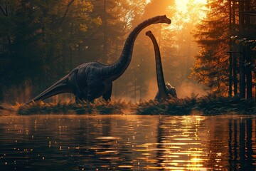 A photorealistic depiction of a Brachiosaurus, towering and majestic, gently wading into a serene lake