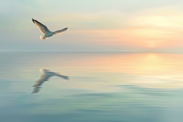 A serene image of Tropeognathus gliding over a calm sea at dawn, reflecting soft morning light. The peaceful scene contrasts its hunting prowess, focusing on its graceful flight