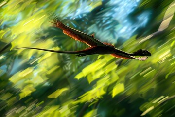A Rhamphorhynchus in an active chase, darting just above the lush, prehistoric jungle canopy.