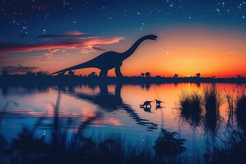 A serene twilight scene featuring a Brachiosaurus by a lakeside, reflecting its silhouette against the water