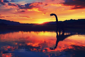 A serene twilight scene where a Brachiosaurus is silhouetted against a vibrant sunset sky, standing in shallow waters