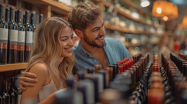 Choosing wine, the young couple is grinning and conversing.