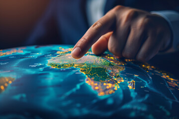 The world in the hands of finance, a businessman pointing Africa on earth globe map with index finger, showing continent resources, planning global business strategy