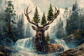 Deer's head with a waterfall transforming into forest.
Animal head with tree and waterfall that morphs into tree branches, forest.