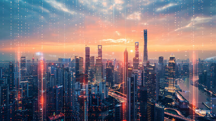 Fototapeta premium Urban skyline of a BRICS nation at sunset, reflecting economic growth, industrial expansion, and the rise of digital economies