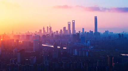 Urban skyline of a BRICS nation at sunset, reflecting economic growth, industrial expansion, and the rise of digital economies