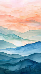 Watercolor gradient landscape with rolling hills and a painted sky. Serene nature scenery and artful tranquility. Soothing watercolor landscape featuring rolling hills with a soft gradient sky.