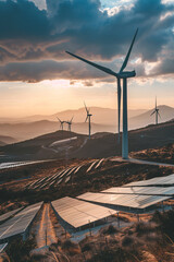 Wind turbines and solar panels in a rural landscape, representing the drive towards energy resources and environmental sustainability