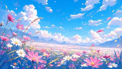 Beautiful anime background, blue sky with white clouds, a sea of flowers in the foreground, light pink and red tones, dreamy atmosphere