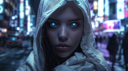 Close up portrait of woman wearing white hoodie and blue eyes on modern cyber street AI generated image