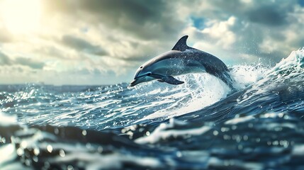 A playful dolphin leaping gracefully out of the shimmering ocean waves, a symbol of freedom and joy.