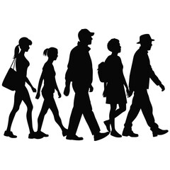 silhouette of group of a people walking on white background