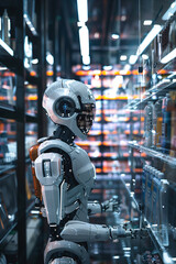 A scenario depicting technology-driven change in retail, with automated checkout systems and online shopping platforms