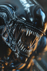 Fearsome alien xenomorph with slimy skin and sharp teeth. Ultimate extraterrestrial monster. Extraterrestrial xenomorph. Slimy-skinned alien with sharp teeth and a terrifying presence. Sci-Fi horror