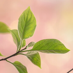 Minimalist green leaf design. A pastel background with close-up of young lilac leaves in a spring-inspired aesthetic. Minimalist green design for spring-inspired nature concept. Springtime minimalism.