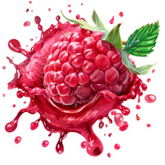 Juicy raspberry exploding with splashes of juice on transparent background, ideal for dynamic food presentations