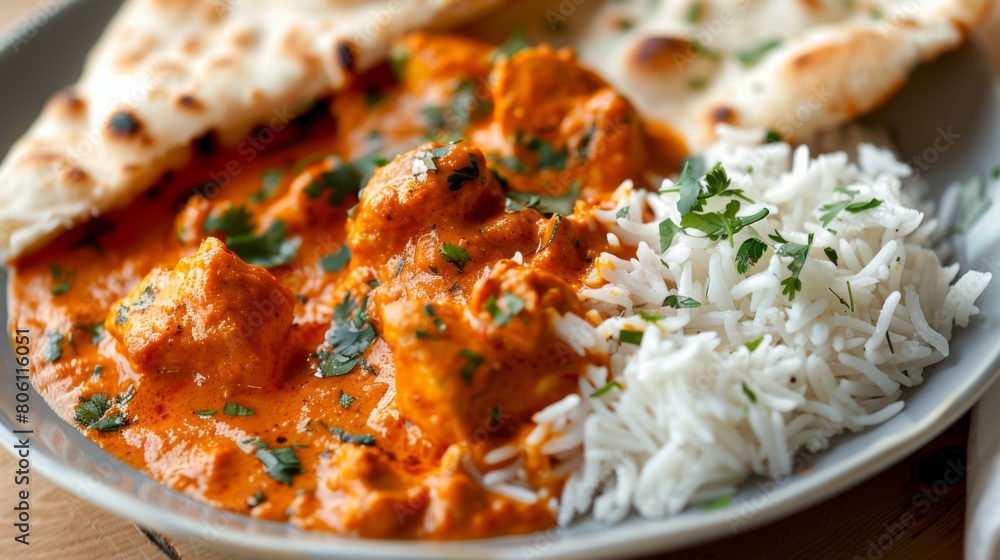 Wall mural a close-up of spicy chicken tikka masala served with fragrant basmati rice and garlic naan, showcasi