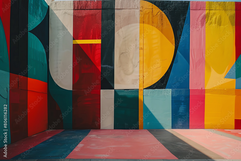 Poster capture a wide-angle view of minimalist street art, featuring bold colors and clean lines incorporat