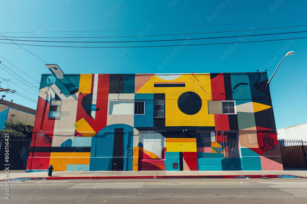 Aufkleber capture a wide-angle view of minimalist street art, featuring bold colors and clean lines incorporat