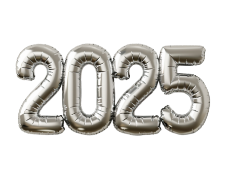 Photo with inflatable silver numbers 2025. Minimalistic balloon isolated on a transparent background