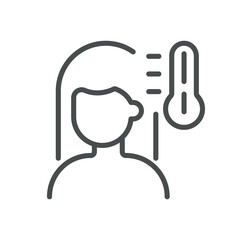 Fever Symptom Icon. Line Illustration of a Person with a Thermometer Indicating High Temperature, Symbolizing Illness and Body Heat Measurement.  Isolated Vector Sign.