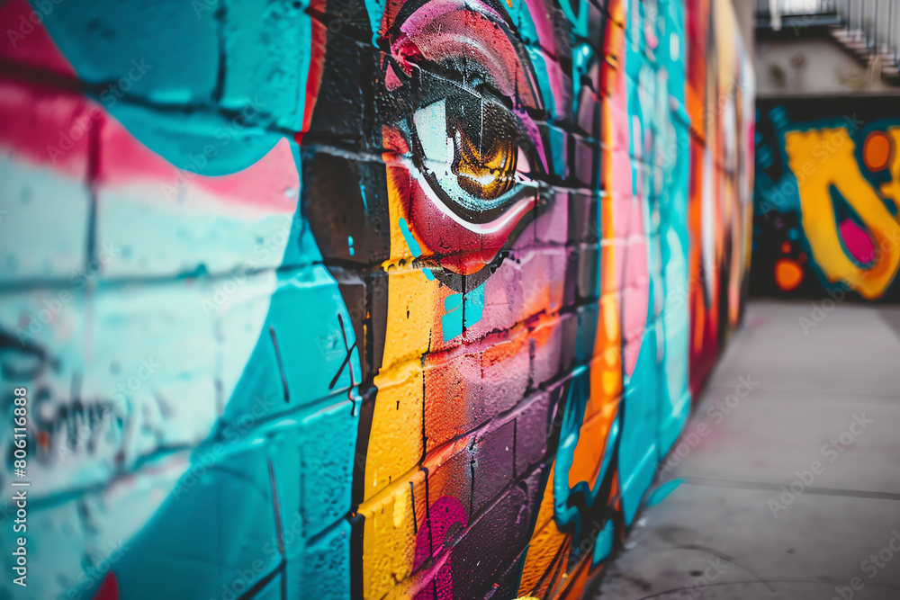 Aufkleber capture a wide-angle view of minimalist street art, featuring bold colors and clean lines incorporat