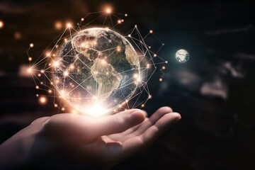 global digital connectivity, where a human hand emerges