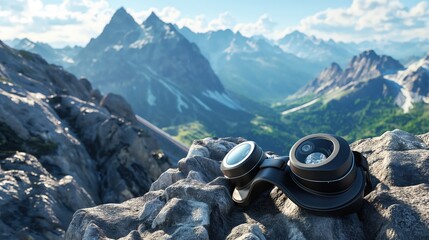 Virtual reality goggles resting on a rocky mountain virtual landscape display, offering an adventurous hiking experience.