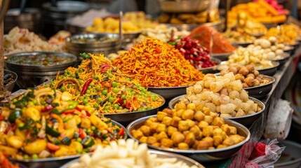 Obraz premium A colorful array of Indian street food snacks, including chaat, bhel puri, and vada pav, served on paper plates at a bustling market stall.