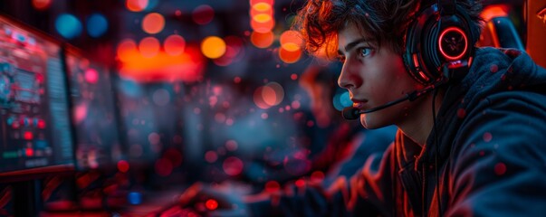Blurred image of a gamer in neon lights