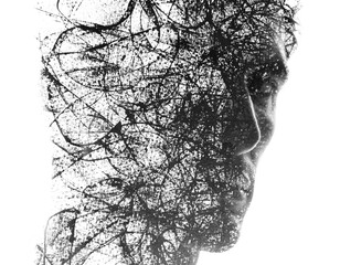 A black and white artistic half profile paintography portrait