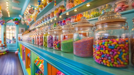 A colorful candy store display filled with jars of sweets, tempting passersby with an array of sugary treats and nostalgic favorites. - Powered by Adobe