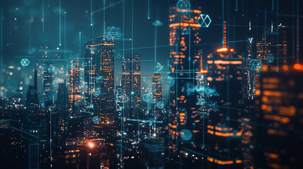 Abstract cityscape with glowing skyscrapers and data streams for a business technology concept