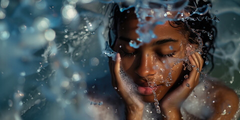 Closeup of young black girl washing her face with copy space on water splashes